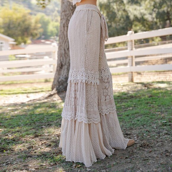 Desert Dream Cloud Pant Tiered Lace Net Trims Crochet Boho Romantic Bell Bottom - Picture 4 of 10